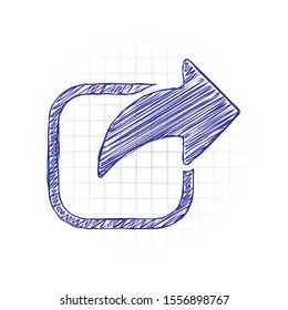 Share icon. Arrow and square. Hand drawn sketched picture with scribble fill. Blue ink. Doodle on white background