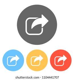 Share icon. Arrow and square. Set of white icons on colored circles