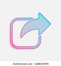 Icono de Compartir. Flecha y cuadrado. Logo tecnológico con líneas diagonales y degradado de color. Imagen neón, efecto claro. Color azul y rojo