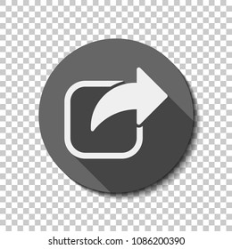 Share icon. Arrow and square. White flat icon with long shadow in circle on transparent background. Badge or sticker style