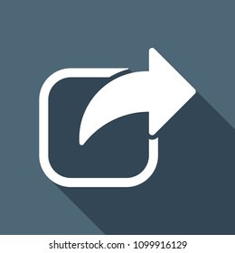 Share icon. Arrow and square. White flat icon with long shadow on background