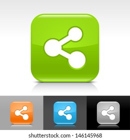 Share icon. Blue, orange, green, gray color glossy web button with white sign. Rounded square shape with shadow, reflection on white, gray, black background. Vector illustration element 8 eps 