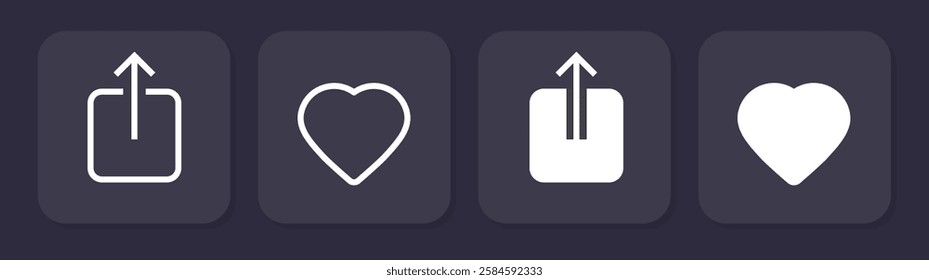 Share icon, favorite like symbol line stroke outline art vector graphic illustration set, follow love heart button simple pictogram solid sign dark ui interface element modern tool kit silhouette