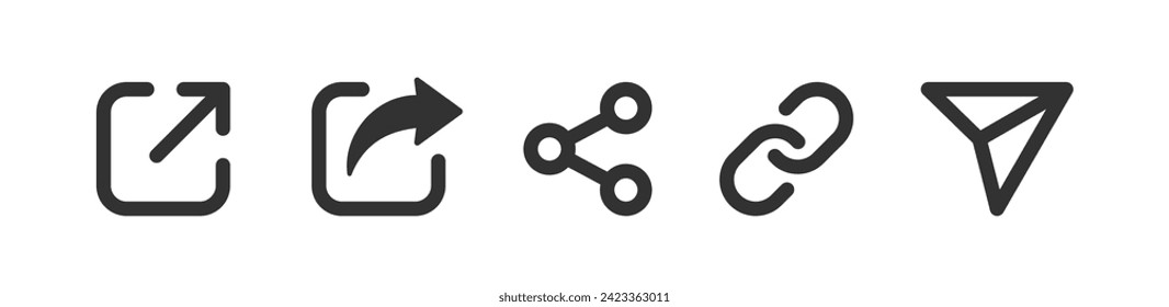 Icono de Compartir. Botones de enlace. Signo de envío de flecha. Cadena de ordenadores. Interfaz de medios sociales.