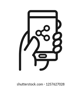 Share icon in mobile with hand. Simple line icon. Isolate on white background.