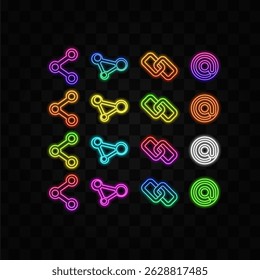share icon. node. Two chain links icon, Attach Lock symbol. neon style.