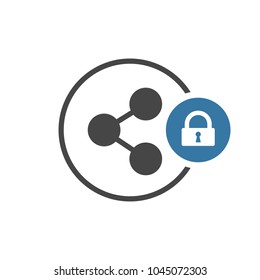 Share icon with padlock sign. Share icon and security, protection, privacy symbol. Icon, net, network, security, blog, bookmark, button, close, communication, connection, data