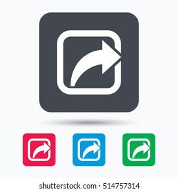 Share icon. Send social media information symbol. Colored square buttons with flat web icon. Vector