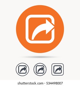 Share icon. Send social media information symbol. Orange circle button with web icon. Star and square design. Vector