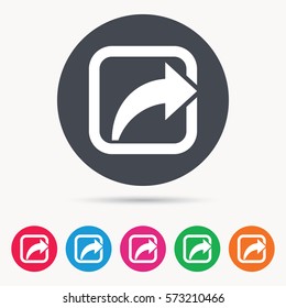 Share icon. Send social media information symbol. Colored circle buttons with flat web icon. Vector