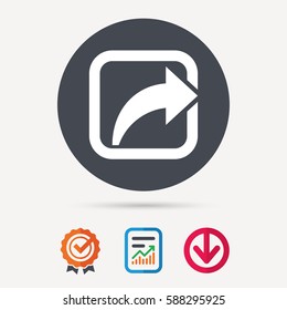 Share icon. Send social media information symbol. Report document, award medal with tick and new tag signs. Colored flat web icons. Vector