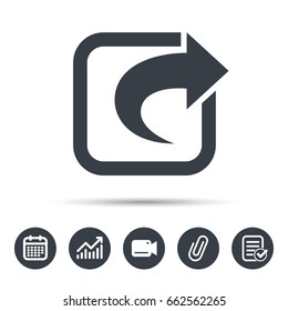 Share icon. Send social media information symbol. Calendar, chart and checklist signs. Video camera and attach clip web icons. Vector
