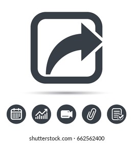 Share Icon. Send Social Media Information Symbol. Calendar, Chart And Checklist Signs. Video Camera And Attach Clip Web Icons. Vector