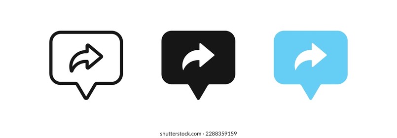 Share icon. Send symbol. Arrow right signs. Link symbols. Comment icons. Message button. Black, blue color. Vector isolated sign.
