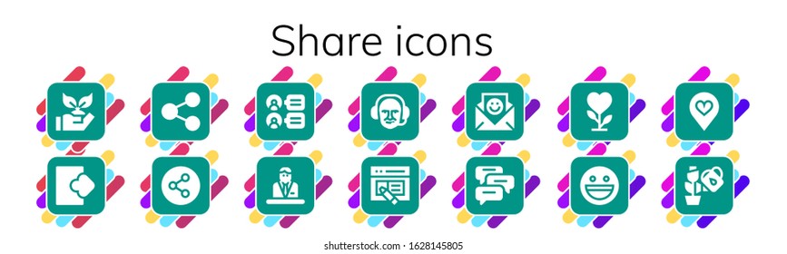 share icon set. 14 filled share icons.  Simple modern icons such as: Planting, Logout, Share, Comments, Commentator, Interface, Communication, Plant, Yahoo, Favorite