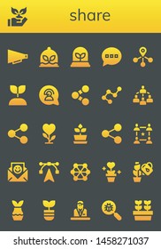 share icon set. 26 filled share icons.  Collection Of - Communication, Planting, Plant, Comment, Connection, Growing plant, Share, Connected, Community, Edit tools, Connect, Commentator
