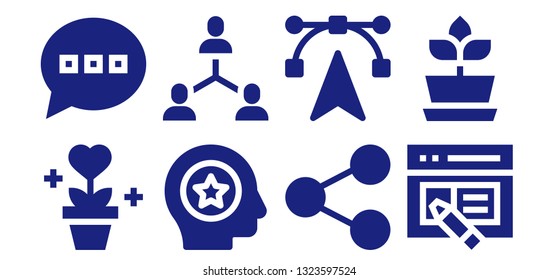 share icon set. 8 filled share icons.  Collection Of - Plant, Comment, Favorite, Connection, Share, Edit tools, Interface