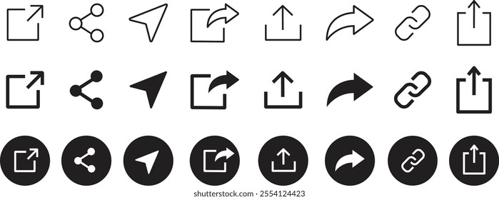 share icon set. Share arrow link connection icon black flat and line vector collection isolated on transparent background. External link web chain open link to attached website. Network sharing sign.