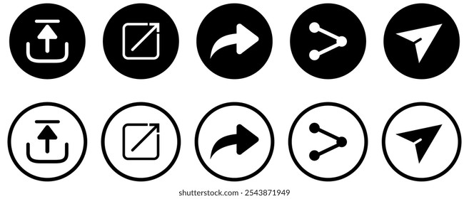 Share icon set. Arrow symbol, Reply send forward icons button. Send message icon. External Link Icon. Upload icon. Connection symbol.