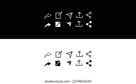 Share icon set. Arrow symbol, Reply send forward icons button. Send message icon. Upload icon. Connection symbol, network sharing icon