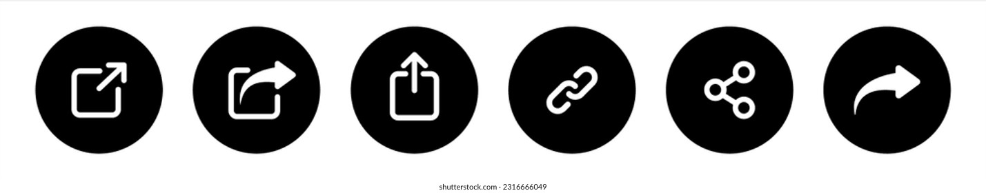 Share icon set. Circle buttons. Share arrow, link, connection icon.