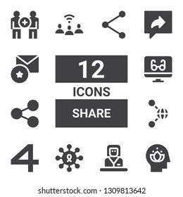 share icon set. Collection of 12 filled share icons included Head, Commentator, Sharing, shared, Share, Reading mode, Communication, Favorite