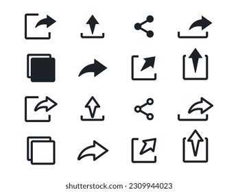 Share icon set with different arrow directions and styles. Share, send to, repost icons. Filled and linear vector icons.