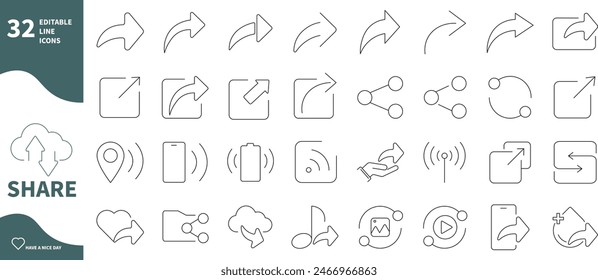 Share icon. Set of icons to share location, network, video, blood,...