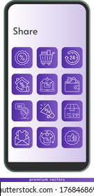 share icon set. included online shop, megaphone, newsletter, 24-hours, shirt, mortgage, wallet, package, like, shopping cart, discount, placeholder icons on phone design background . linear styles.