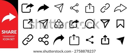 Share icon set . Share Link Button for Social Media Line and Silhouette Icon. Arrows Symbol Share Link for Web Site Outline Icon. Send Data Sign Linear Pictogram. Editable Stroke. Isolated Vector Illustration