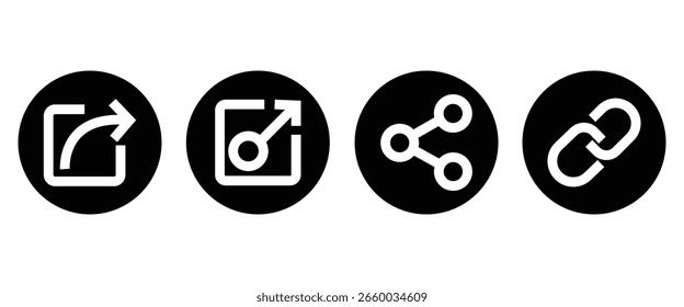 Conjunto de iconos de Compartir, icono de uso compartido de red, icono de cadena de Enlace, flecha de Compartir, Elementos de interfaz de interfaz de usuario de redes sociales aislados sobre fondo blanco