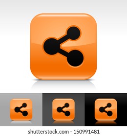 Share icon set orange color glossy web button with black sign. Rounded square shape with shadow, reflection on white, gray, black background. Vector illustration design element save in 8 eps 