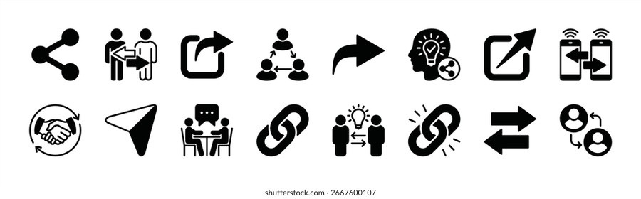 Symbol-Vektorsatz teilen. Enthält die gemeinsame Nutzung von Ideen, Teamarbeit, Datenübertragung, Handshake-Vereinbarung, Treffen von Personen, Verbindungspfeil, Link, Senden. Illustration