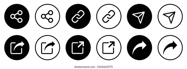 Share icons button collection. Share icon buttons set isolated. Share button icon set isolated on a white background. Share icon button flat and outline style. Vector illustration.