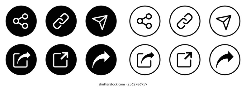 Share icons buttons collection. Share icon buttons set isolated. Share button icon set isolated on a white background. Share icon button flat and outline style. Vector illustration.