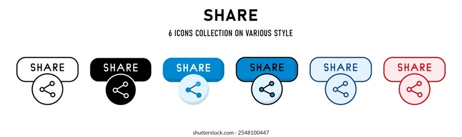 Kollektion freigegebener Symbole. 6 Verschiedener Stil. Konzept der Webschaltflächen. Für Zeichen, Symbole, Präsentationen, Elemente, Infografiken oder Webgrafiken. Vektorgrafik.