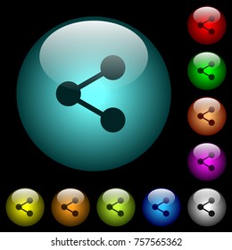 Share icons in color illuminated spherical glass buttons on black background. Can be used to black or dark templates