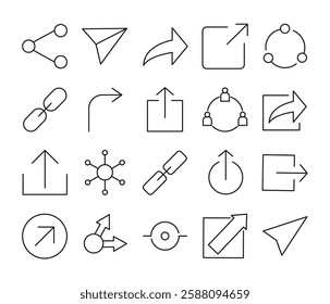 Share icons set in simple thin line.  Collection of share icons for mobile web or apps. Editable stroke.