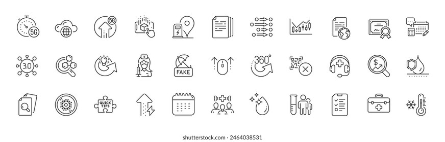 Share idea, Certificate and Copy documents line icons. Pack of Fake news, Order, Financial diagram icon. Stop coronavirus, 5g upload, Medical staff pictogram. Medical support. Line icons. Vector