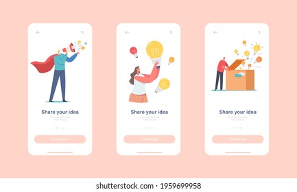 Share Idea Mobile App Page Onboard Screen Template. Characters Spread Insights. Man Superhero with Loudspeaker, Woman with Lightbulb, People Open Box with Lamps Concept. Cartoon Vector Illustration