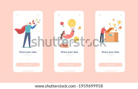 Share Idea Mobile App Page Onboard Screen Template. Characters Spread Insights. Man Superhero with Loudspeaker, Woman with Lightbulb, People Open Box with Lamps Concept. Cartoon Vector Illustration