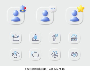 Share idea, Skyscraper buildings and Car service line icons. Placeholder with 3d star, reminder bell, chat. Pack of Agent, Hold heart, Talk bubble icon. Vector