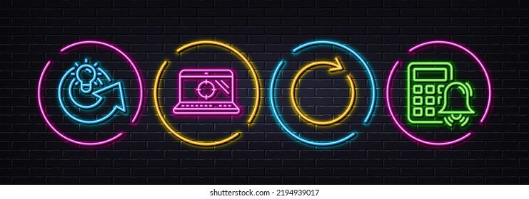 Share idea, Synchronize and Seo laptop minimal line icons. Neon laser 3d lights. Calculator alarm icons. For web, application, printing. Solution, Refresh or update, Search engine. Accounting