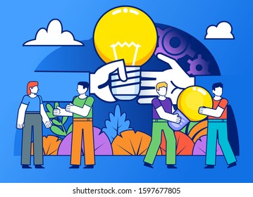 Share ideas, business startup. Small people stand near big hand holding idea lightbulb. Poster for social media, web page, banner, presentation. Flat design vector illustration