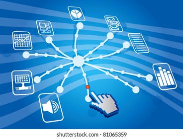 Share illustration with document icons and abstract hand