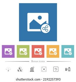 Share image flat white icons in square backgrounds. 6 bonus icons included.