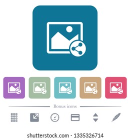 Share image white flat icons on color rounded square backgrounds. 6 bonus icons included