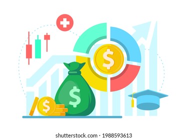 parte de ingresos, concepto de asignación presupuestaria ilustración de diseño plano vector eps10. elemento gráfico moderno para artículos, noticias, infografía, etc