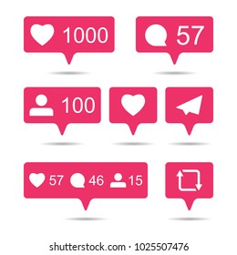 Share, like, comment, repost social media ui icons on white background. Pink bubble  icon set for websites, blog, mobile interfaces