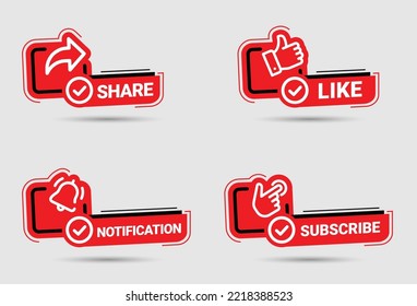 Share, Like, Notification, and Subscribe Buttons. Red and Black Banners On White Background